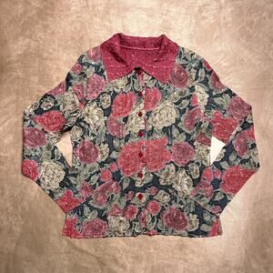 Vintage 90s Floral Crinkle Stretch Button Up Shirt Jacket Reversible Textured
